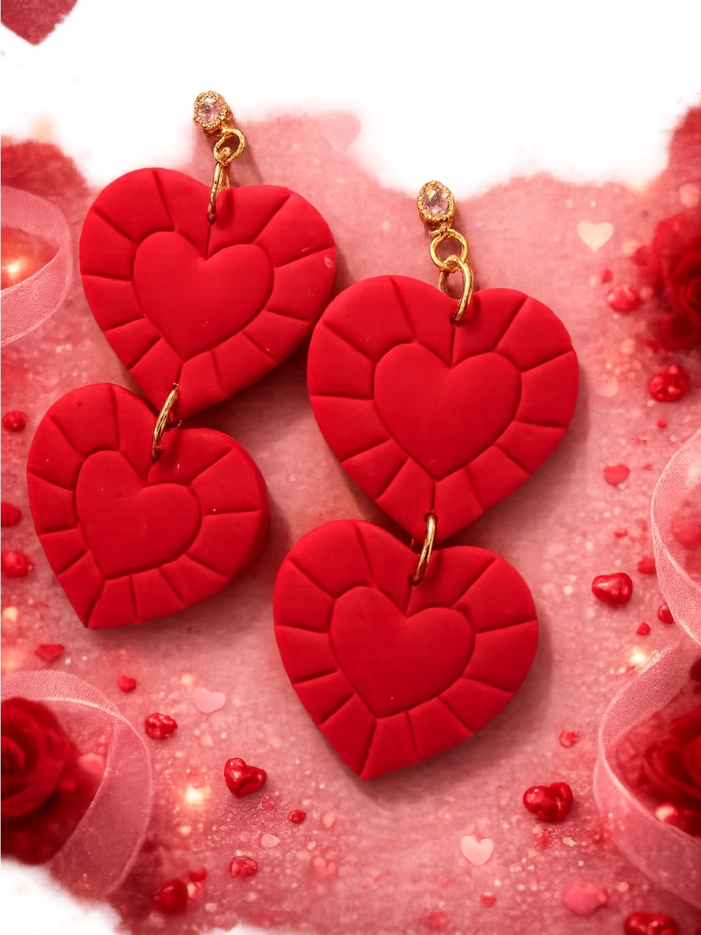 Red Double Heart Drop Handmade Polymer Clay Earrings